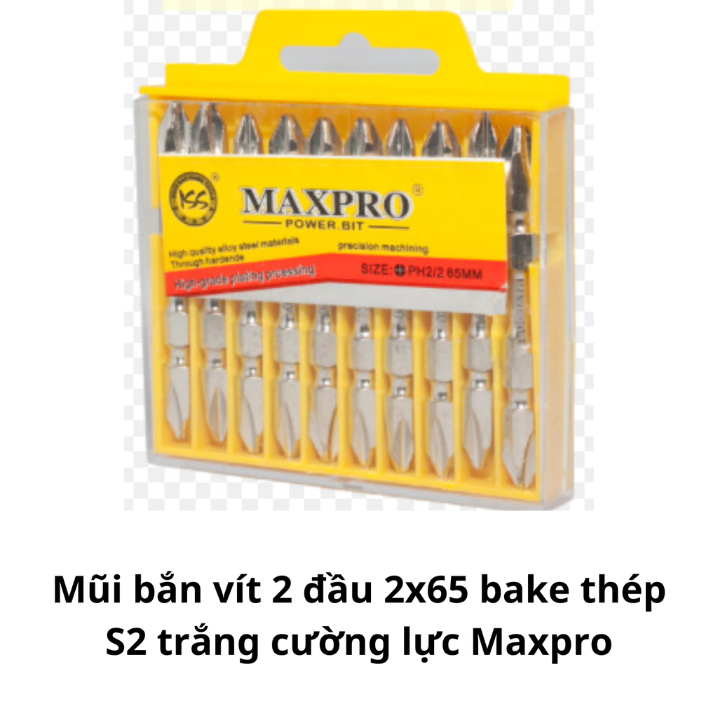 Mũi bắn vít 2 đầu 2x65 bake thép S2 trắng cường lực Maxpro